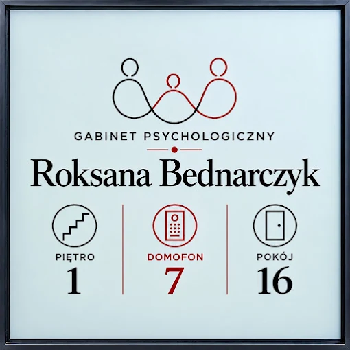 Tabliczka Gabinet Psychologiczny Roksana Bednarczyk: piętro 1, domofon 7, pokój 16